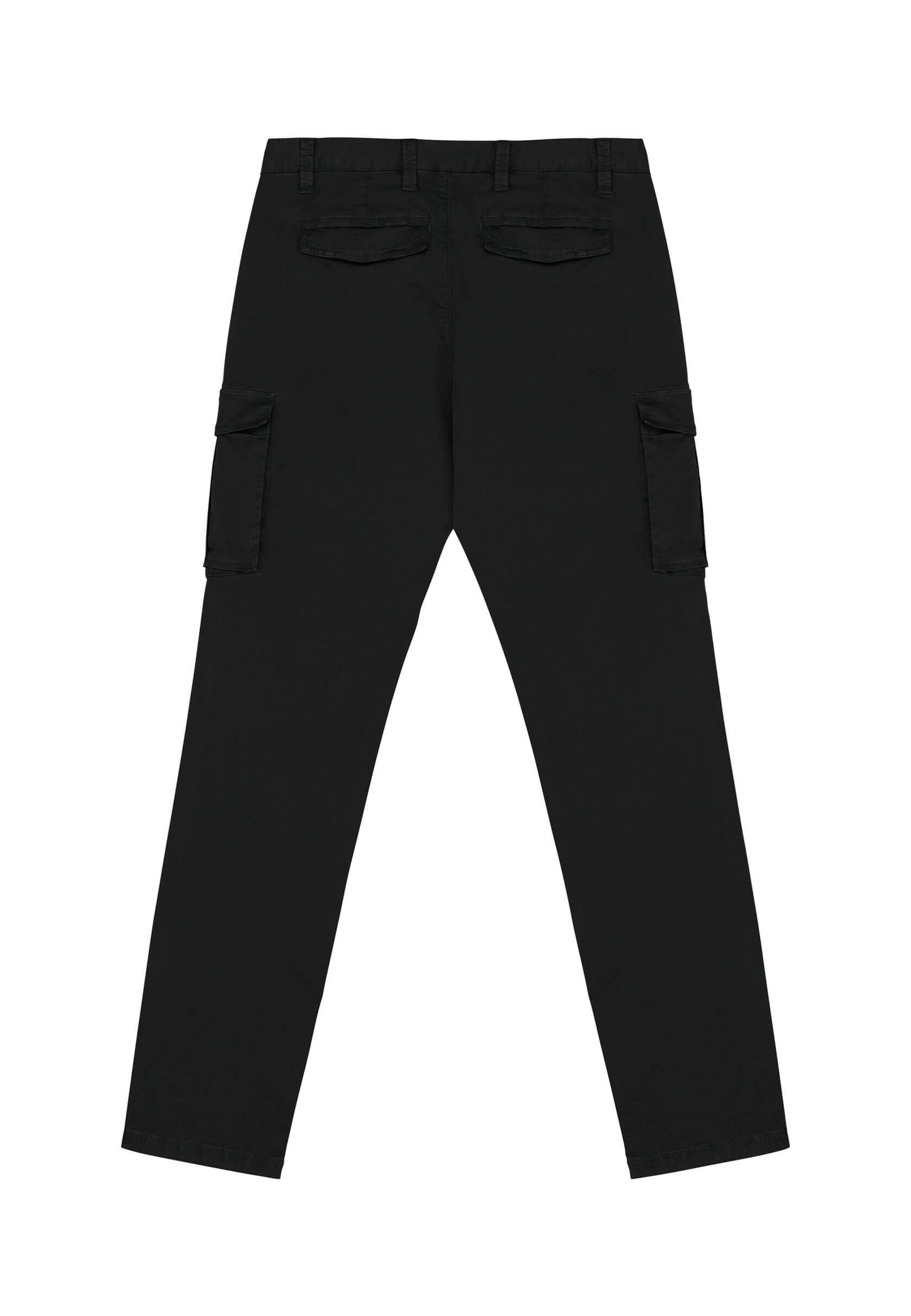 Dos du pantalon cargo noir, finition soignée et poches pratiques.