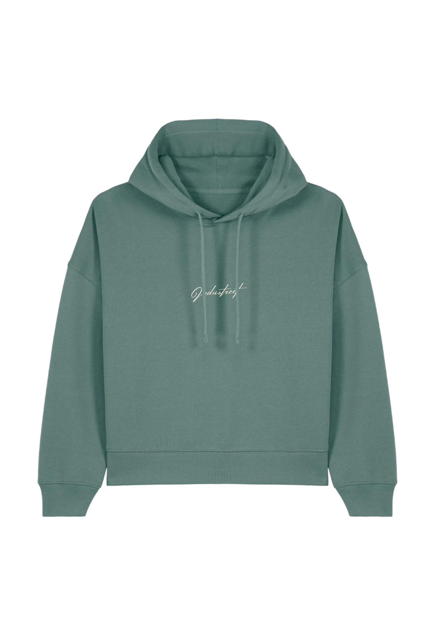 Pull brodé vert, coupe moderne et tissu molletonné.