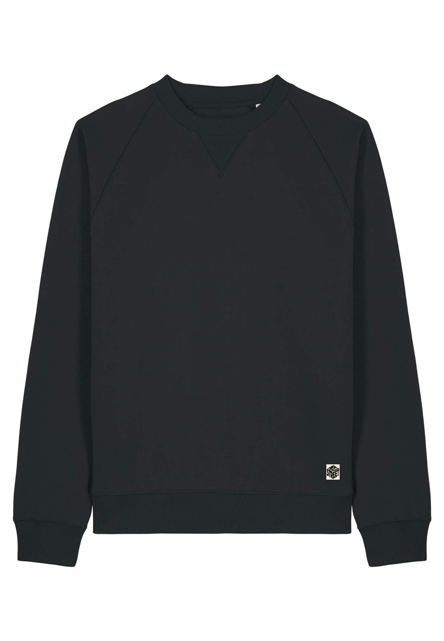 Sweat-shirt élégant noir, étiquette avec logo brodé, style minimaliste.