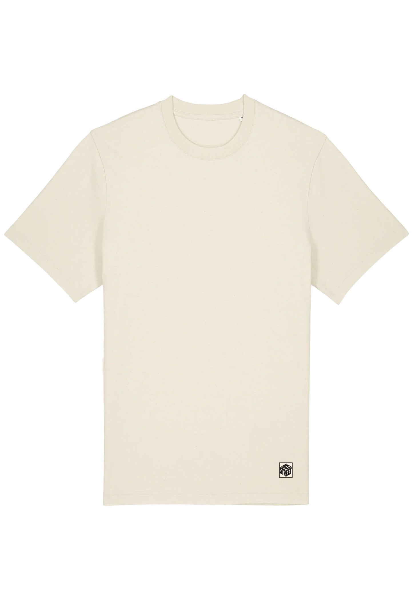 T-shirt élégant beige, étiquette avec logo brodé, style raffiné.