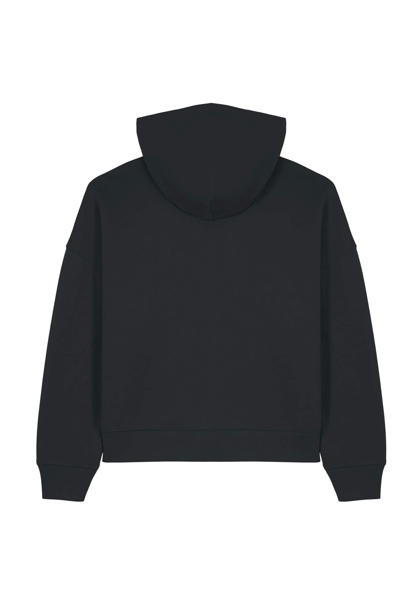 Dos du pull broderie premium noir pour femme, coupe streetwear confortable.