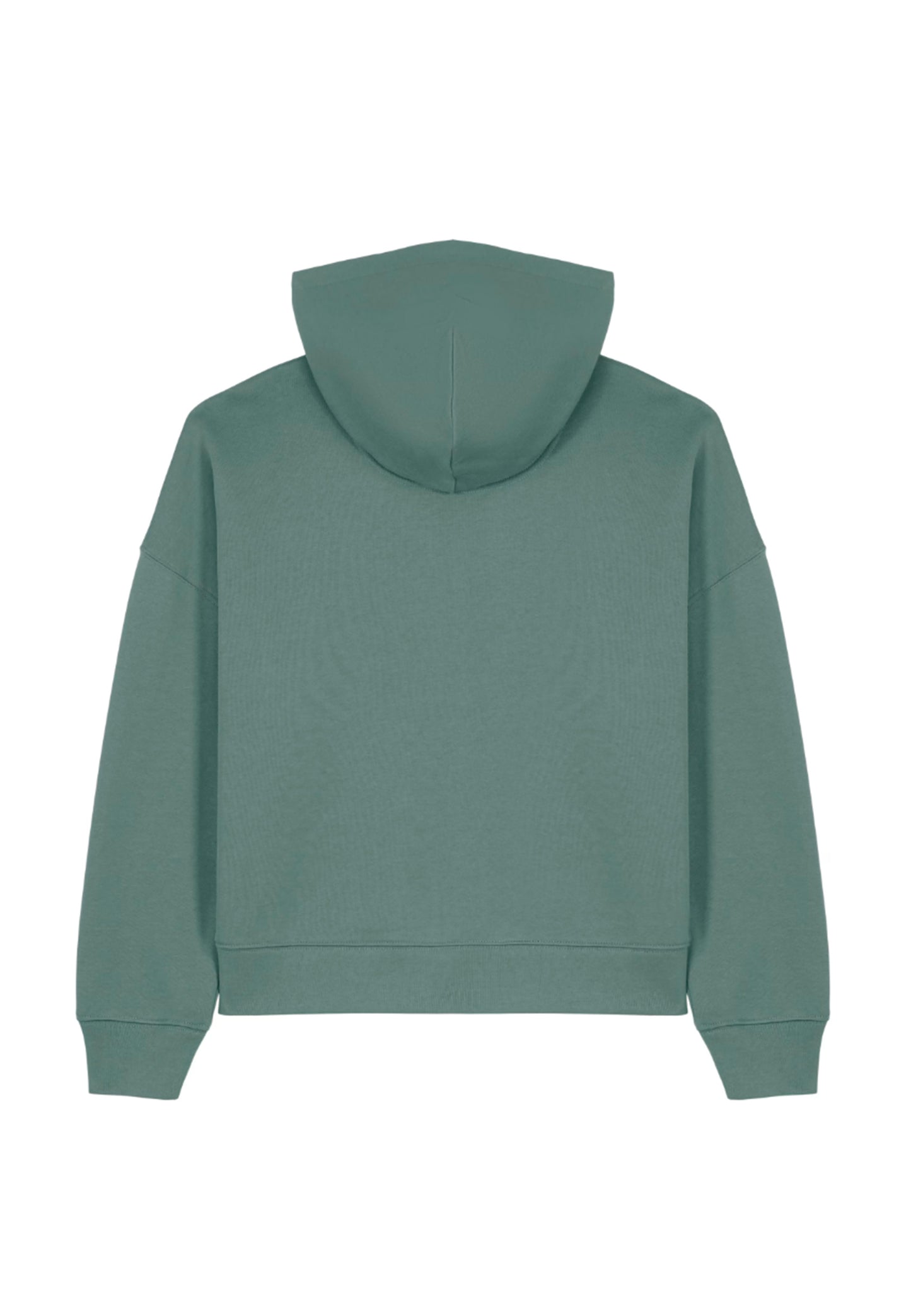 Dos du pull brodé vert, coupe moderne et tissu molletonné.
