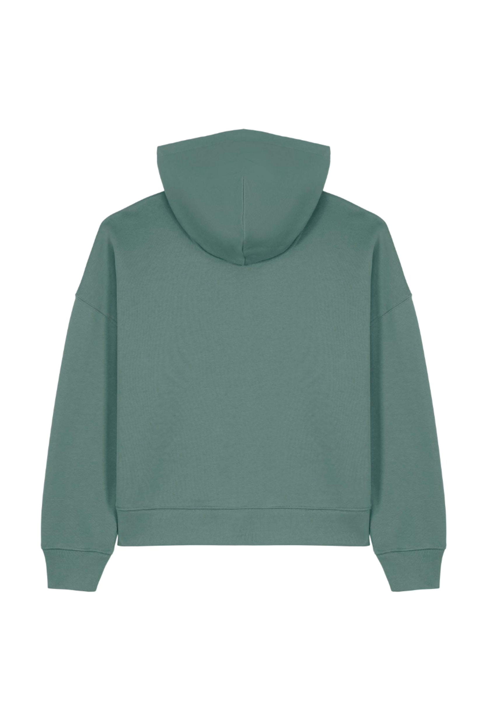 Dos du pull brodé vert, coupe moderne et tissu molletonné.