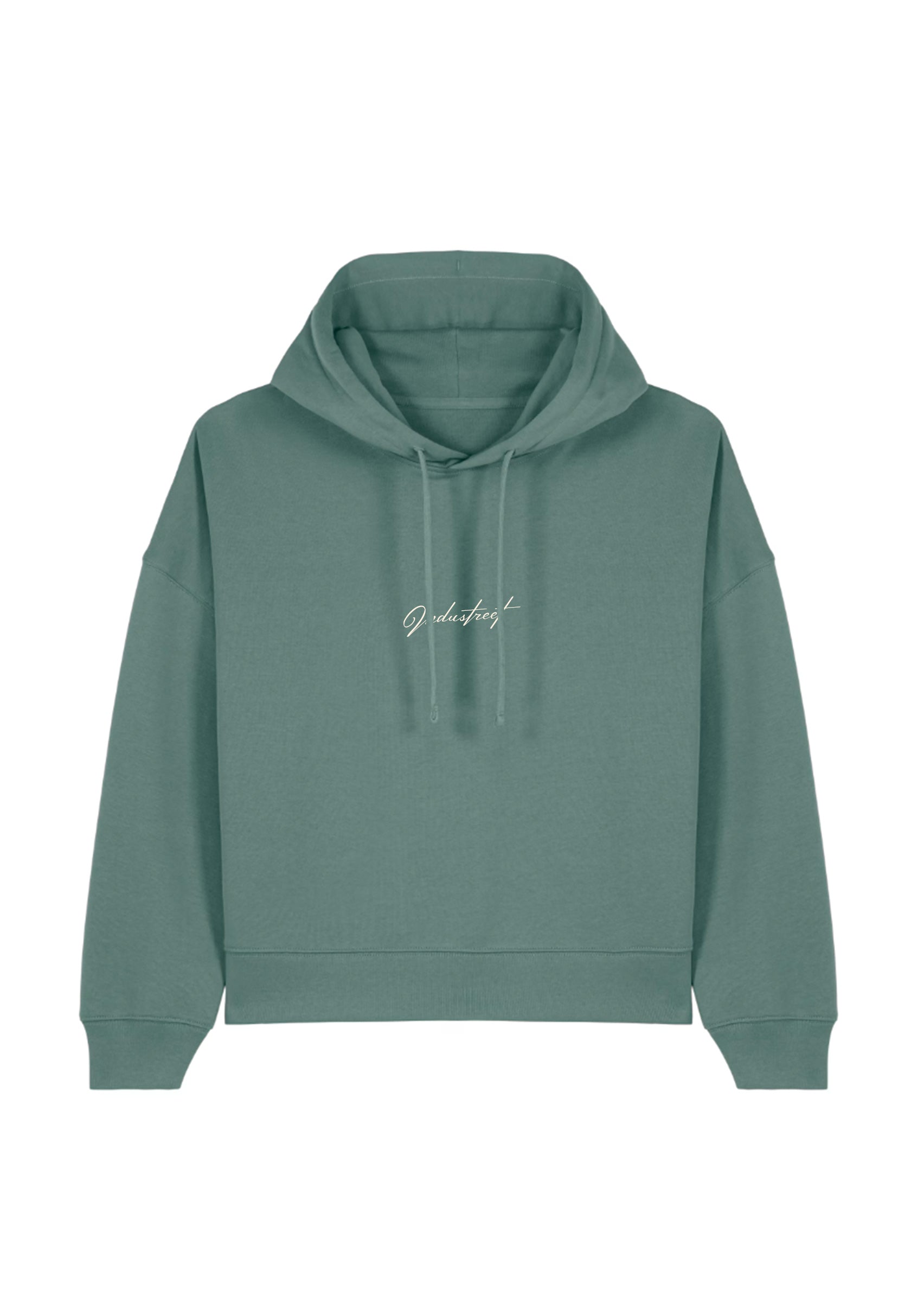 Pull brodé vert, coupe moderne et tissu molletonné.