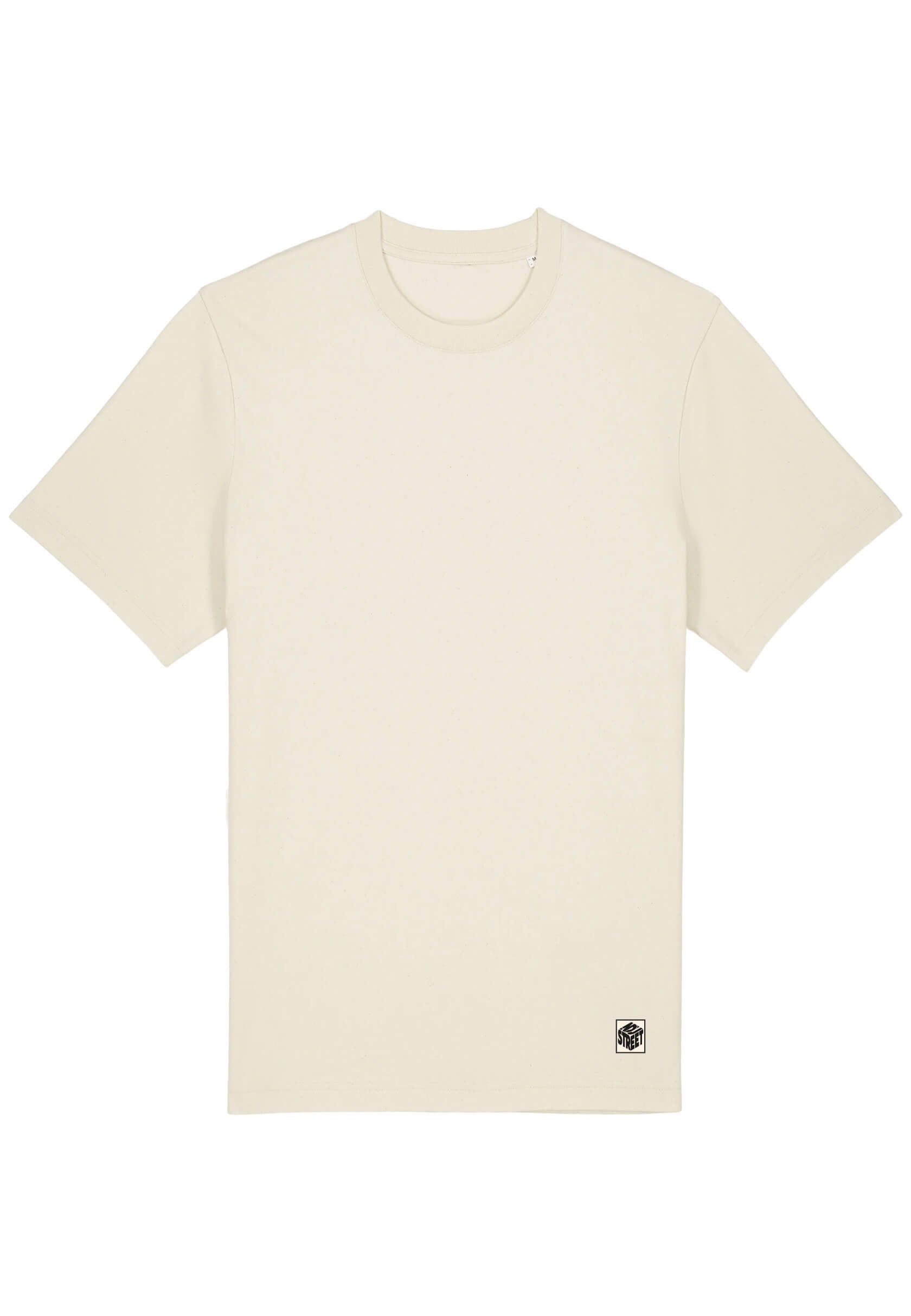 T-shirt élégant beige, étiquette avec logo brodé, style raffiné.