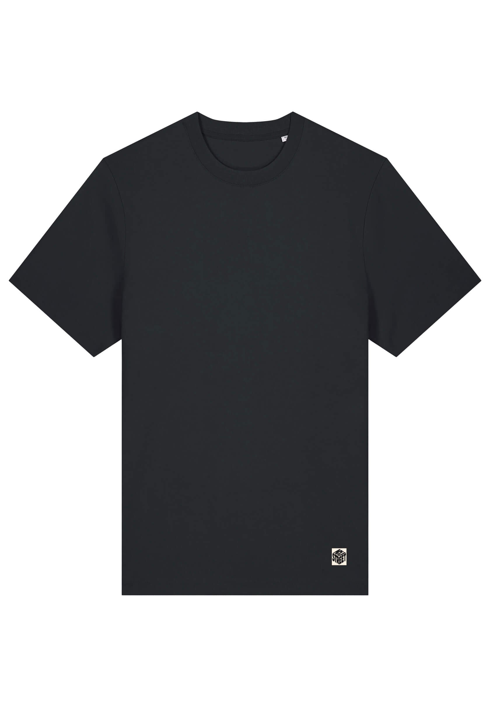 T-shirt élégant noir, étiquette avec logo brodé, intemporel.
